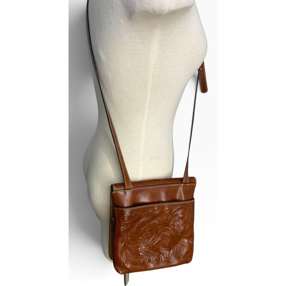 Patricia Nash Brown Tooled Leather Crossbody Floral Western Boho Sling Handbag